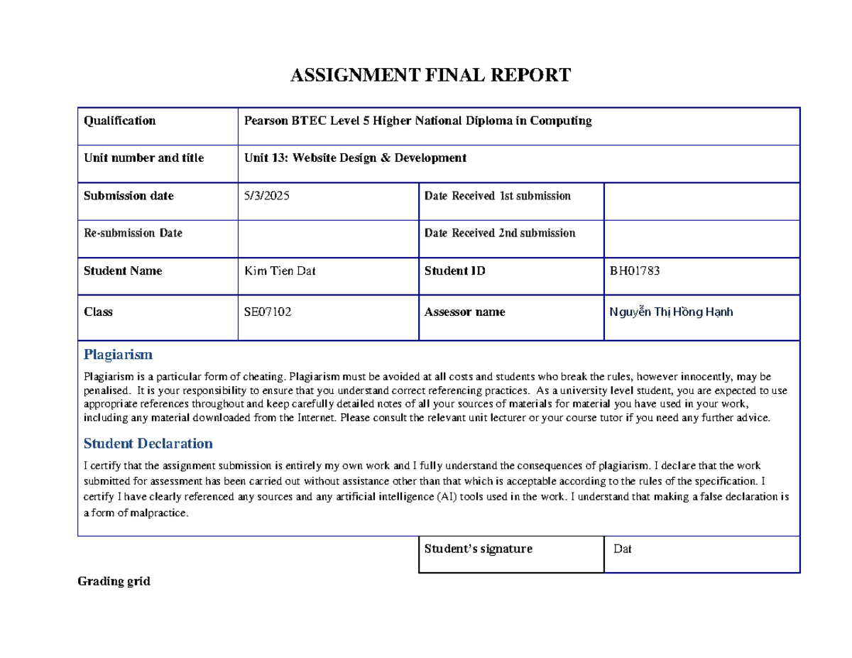 Final Report on Website Design and Development (Unit 13, BH01783) - Studocu