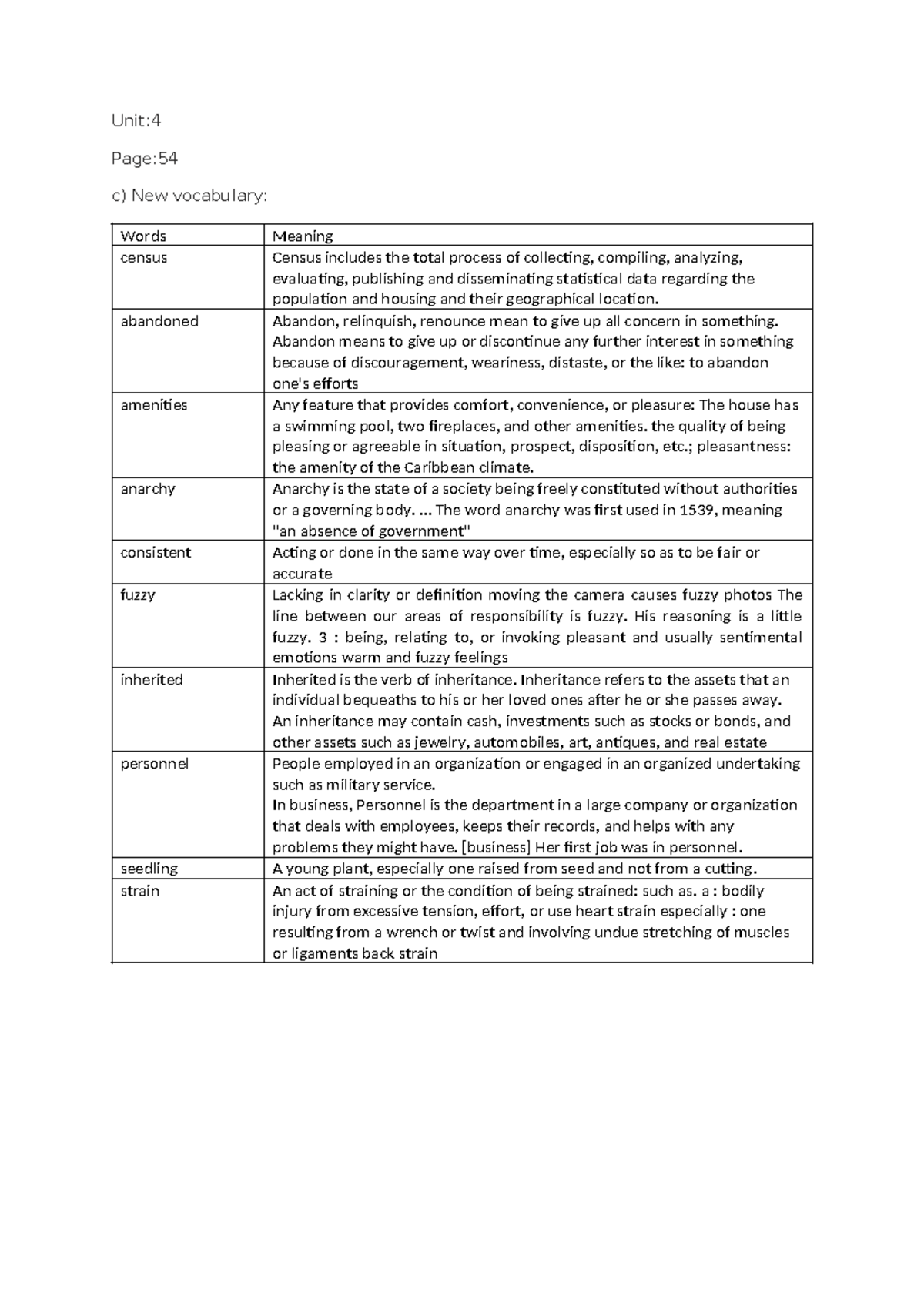 C) New Vocabulary - Unit 4: Key Terms and Meanings - Studocu