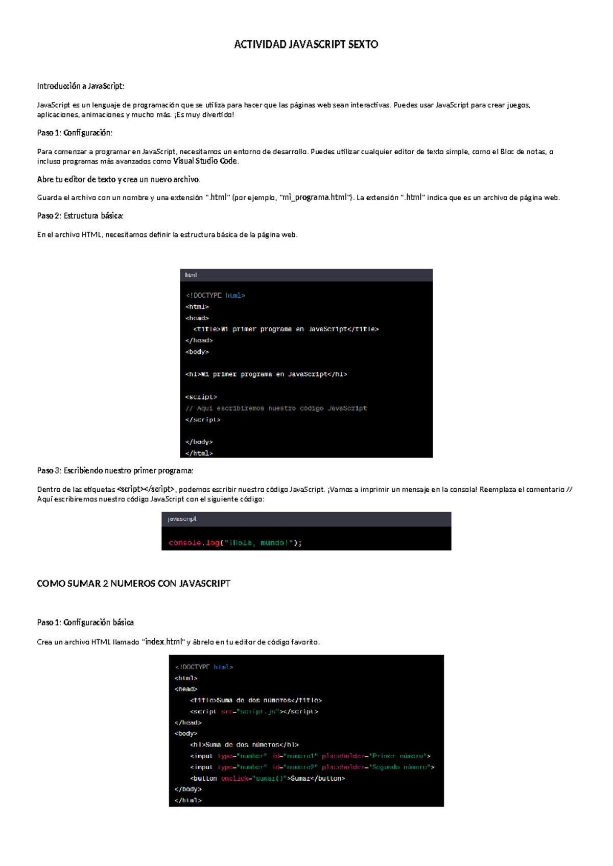 Actividad de JavaScript para Sexto Grado: Introducción y Ejemplo - Studocu
