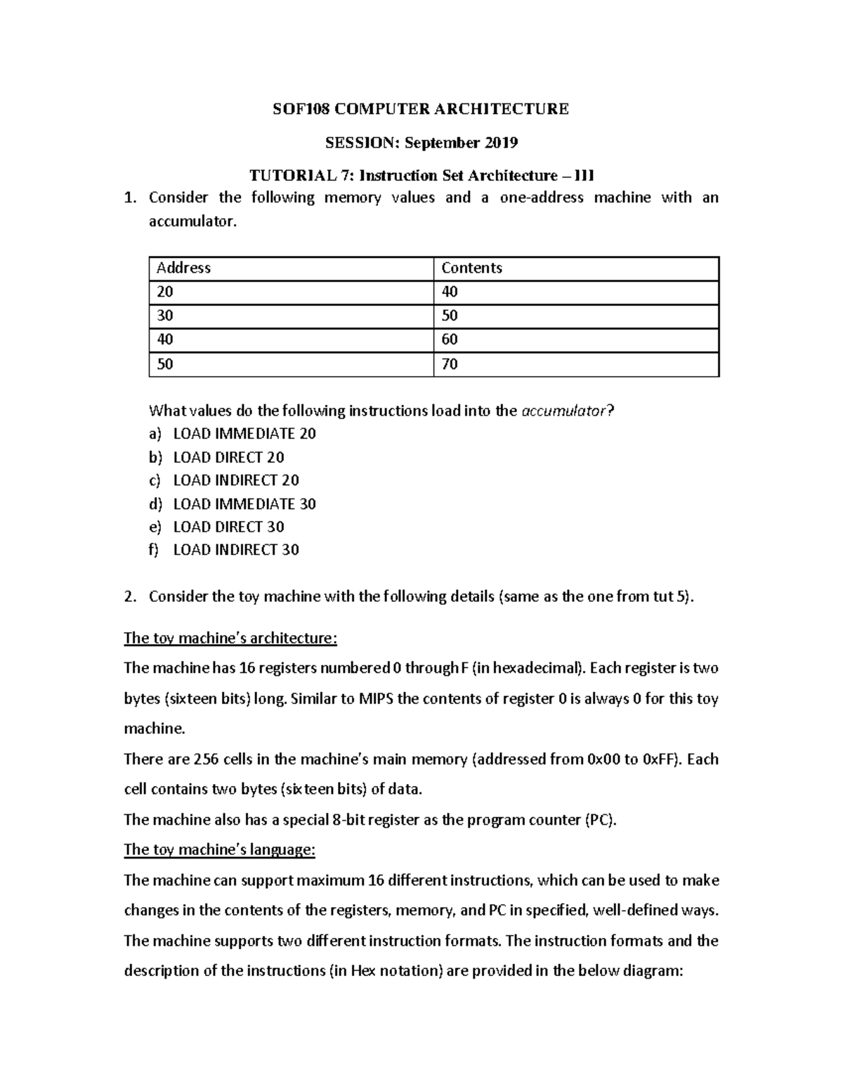 Chapter 7 tutorial - SOF108 COMPUTER ARCHITECTURE SESSION: September ...