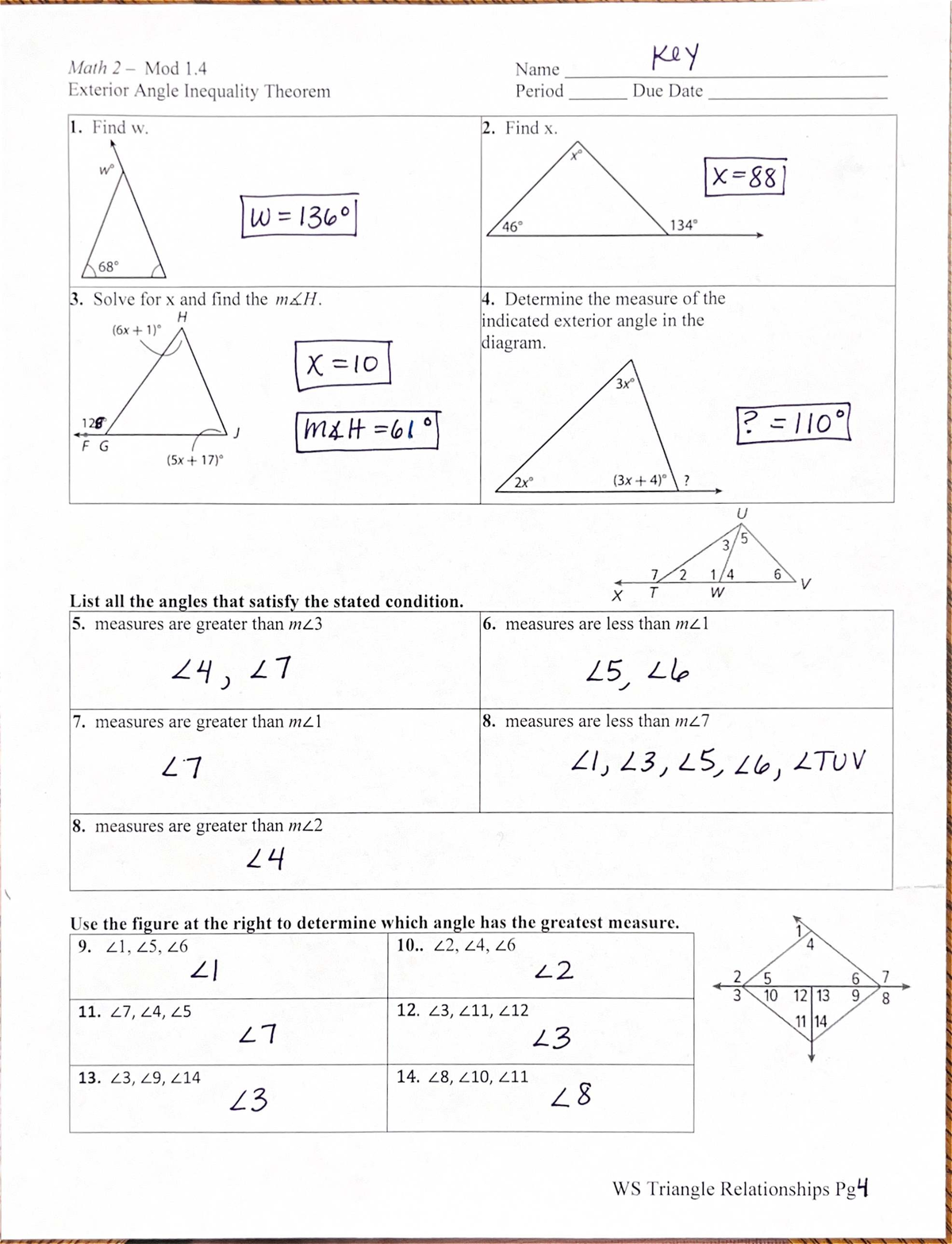 Exterior Angle Inequality Theorem Worksheet ️Worksheet Triangle