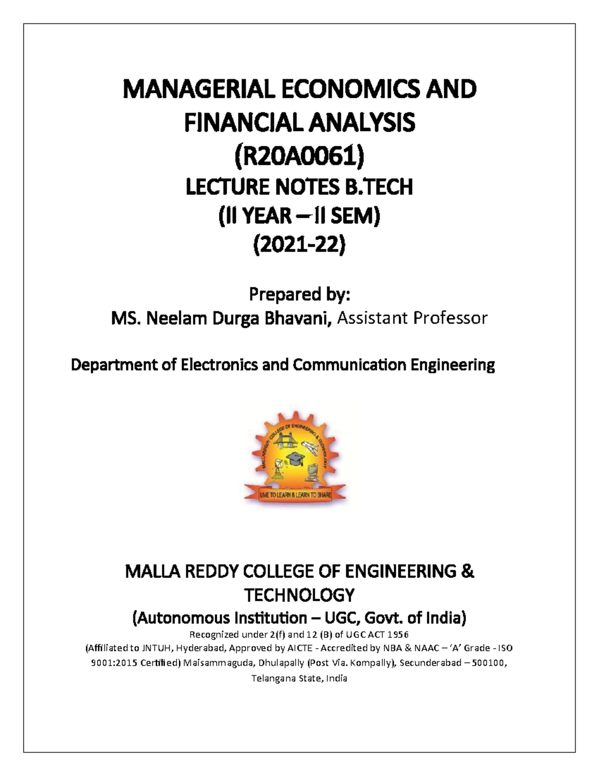 MEFA - Managerial Economics and Financial Analysis Lecture Notes - Studocu