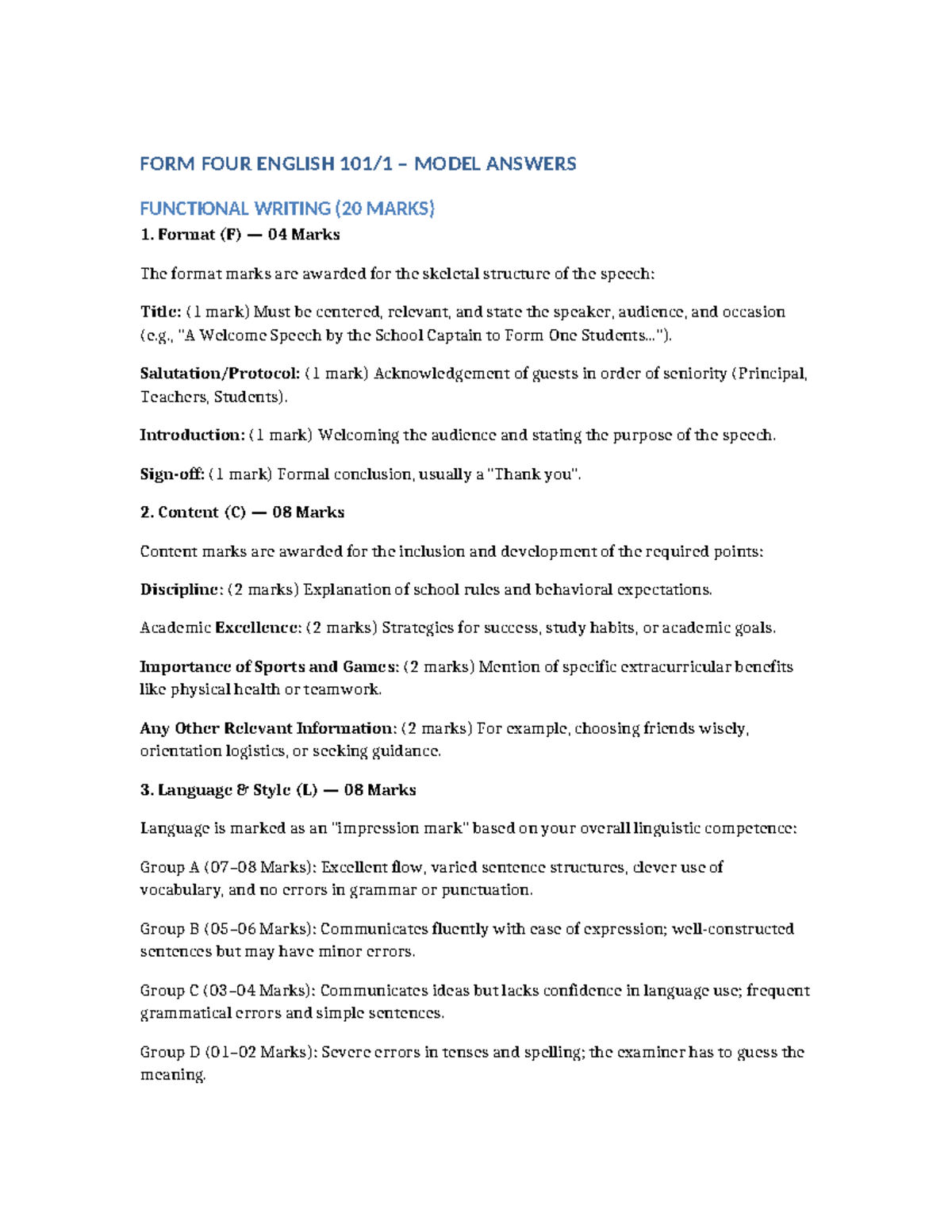 ENG 101 Final Exam Model Answers: Functional Writing & Oral Skills ...
