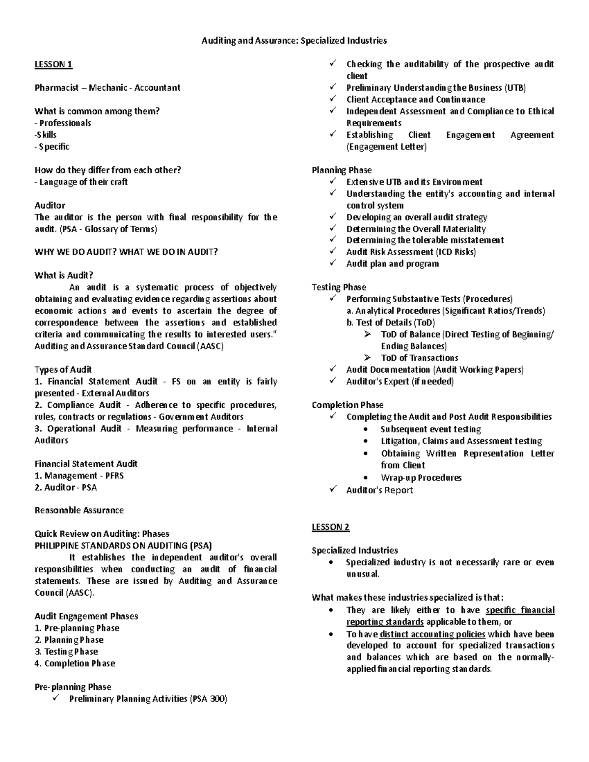 LESSON 1 & 2: Auditing Fundamentals in Specialized Industries - Studocu