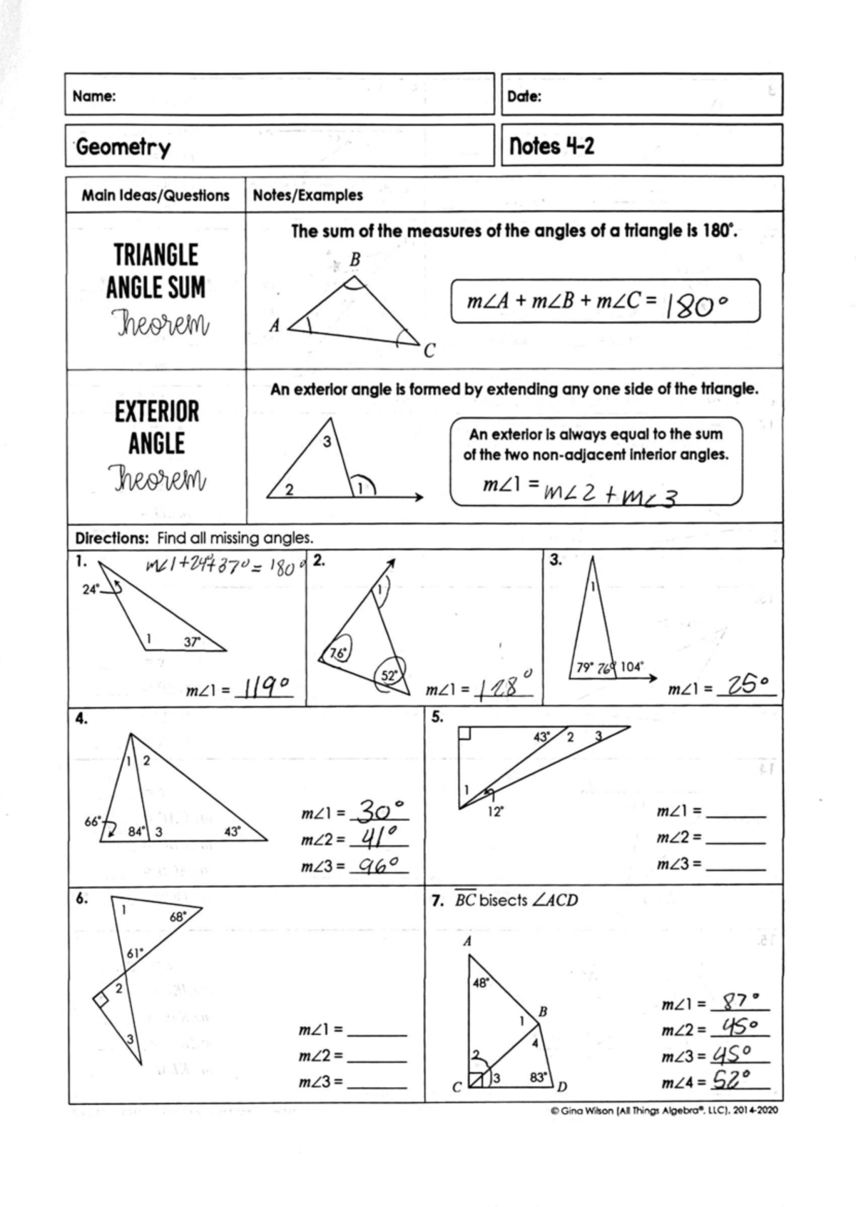 Geometry Lesson 4-2 Notes: Triangle Angle Sum & Exterior Angles - Studocu
