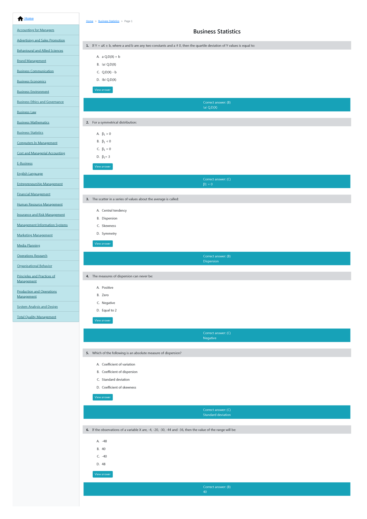 Business Statistics MCQs: Quiz and Answers (Course Code: BST101) - Studocu