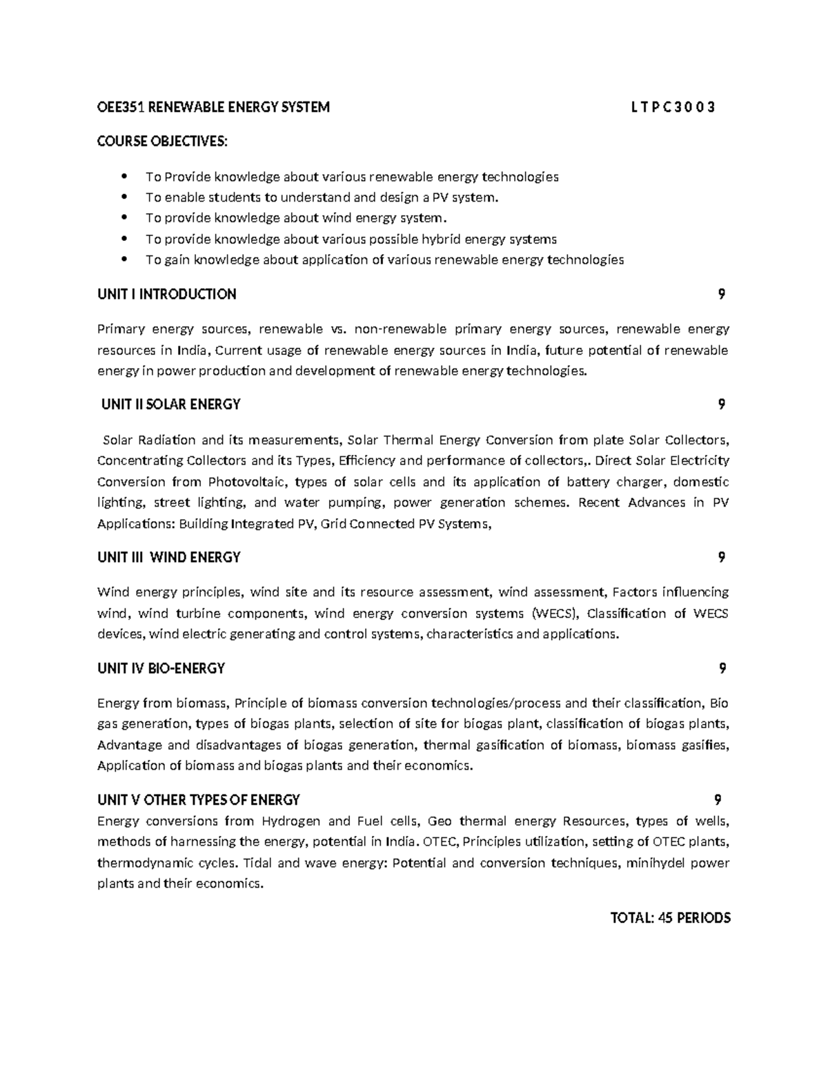 OEE351 Renewable Energy Systems Syllabus & Course Objectives - Studocu