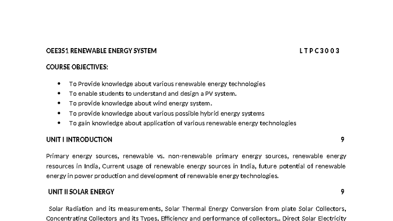 OEE351 Renewable Energy Systems Syllabus & Course Objectives - Studocu