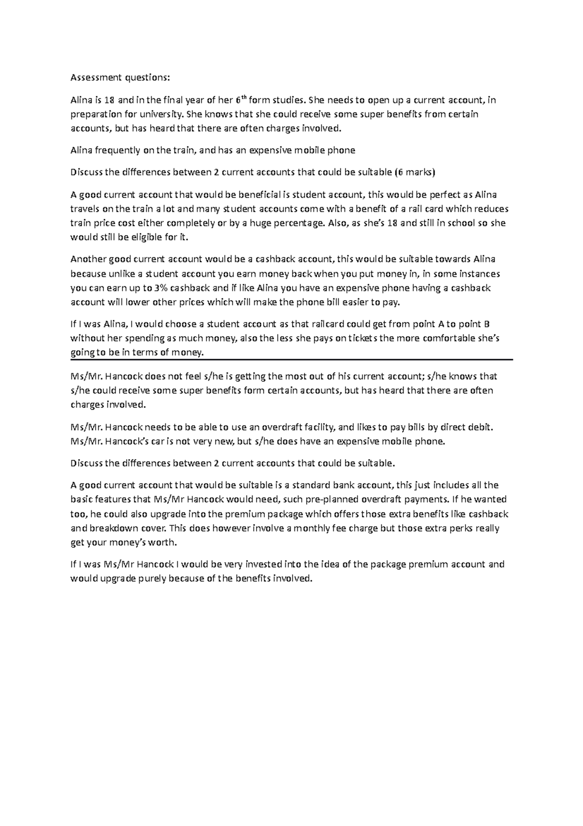 Assessment Questions for Current Accounts Comparison Analysis - Studeersnel