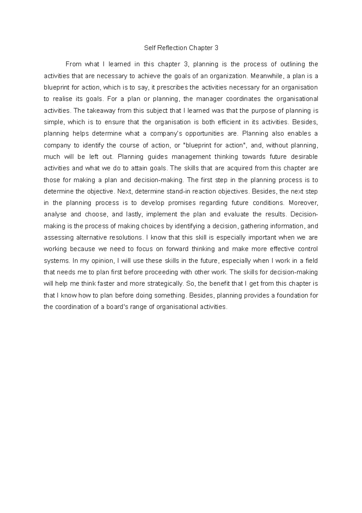 Self Reflection Chapter 3 Meanwhile A Plan Is A Blueprint For Action