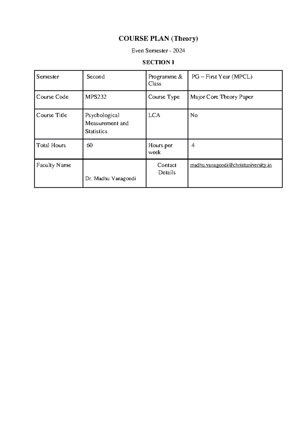 statistics course plan - COURSE PLAN (Theory) Even Semester - 2024 ...