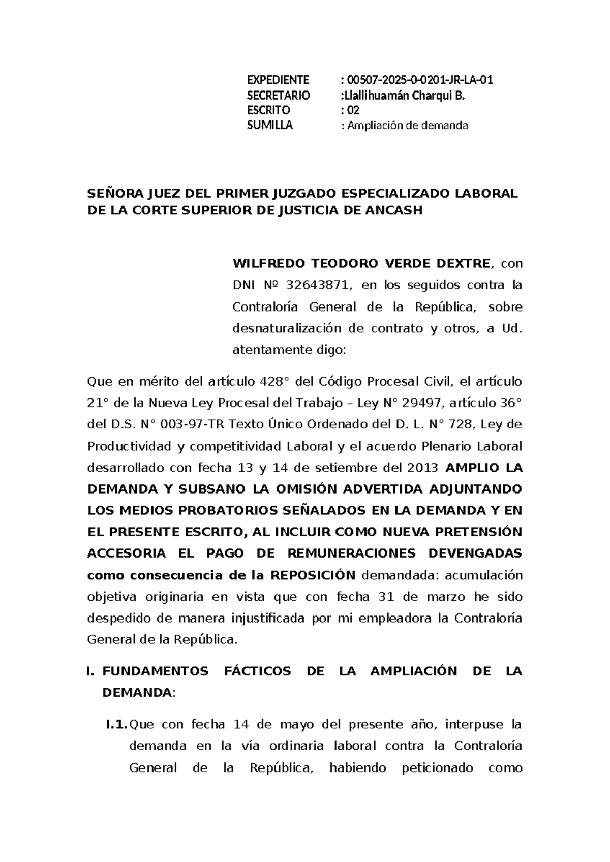 Ampliación de Demanda Laboral - Caso Wilfredo Teodoro Verde Dextre - Document Preview