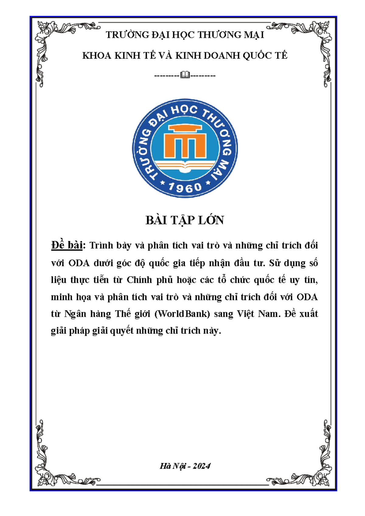 Bài Tập Lớn: Phân Tích Vai Trò và Chỉ Trích ODA từ World Bank (Đầu Tư Quốc Tế) - Document Preview