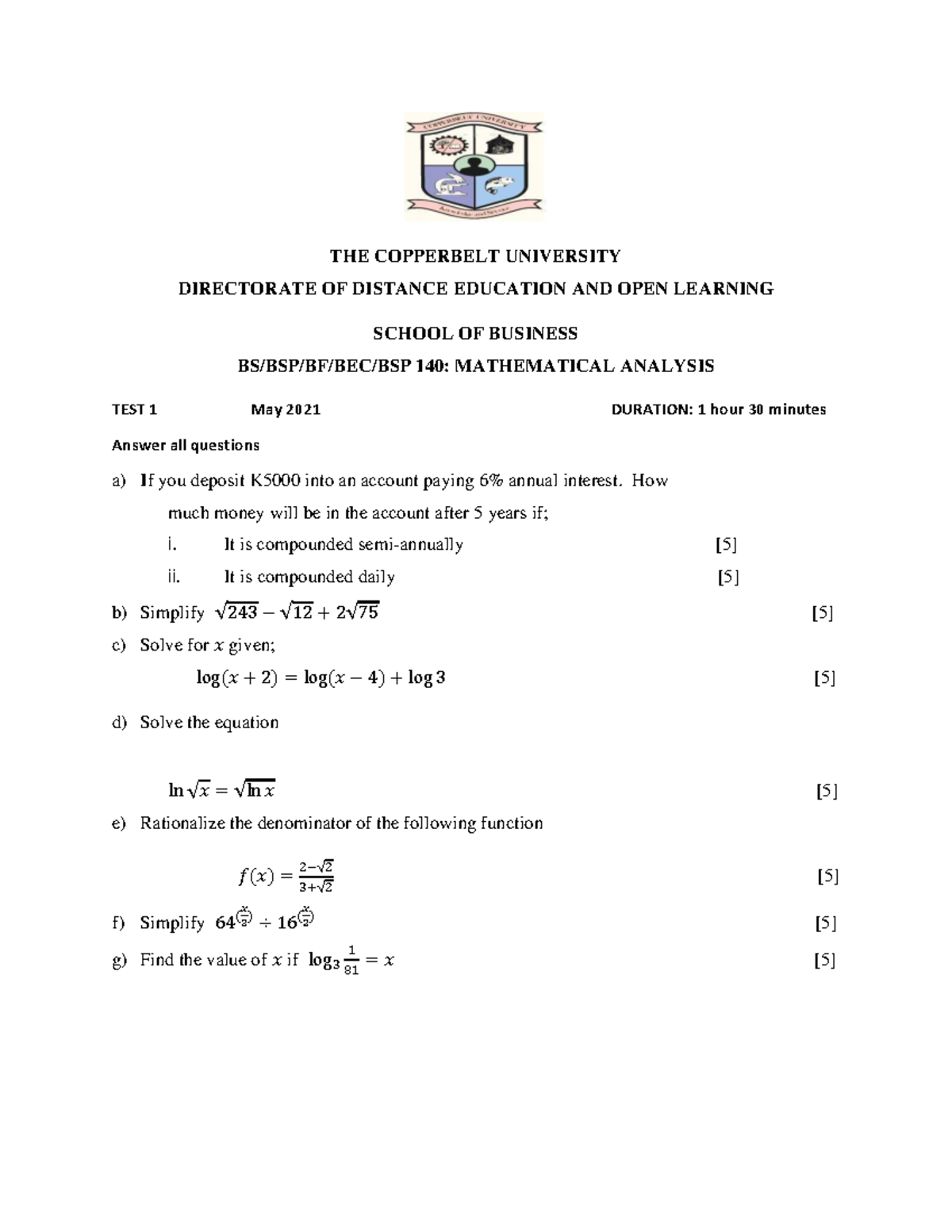 Mathematical Analysis Test 1 (140) - CBU May 2021 - Studocu