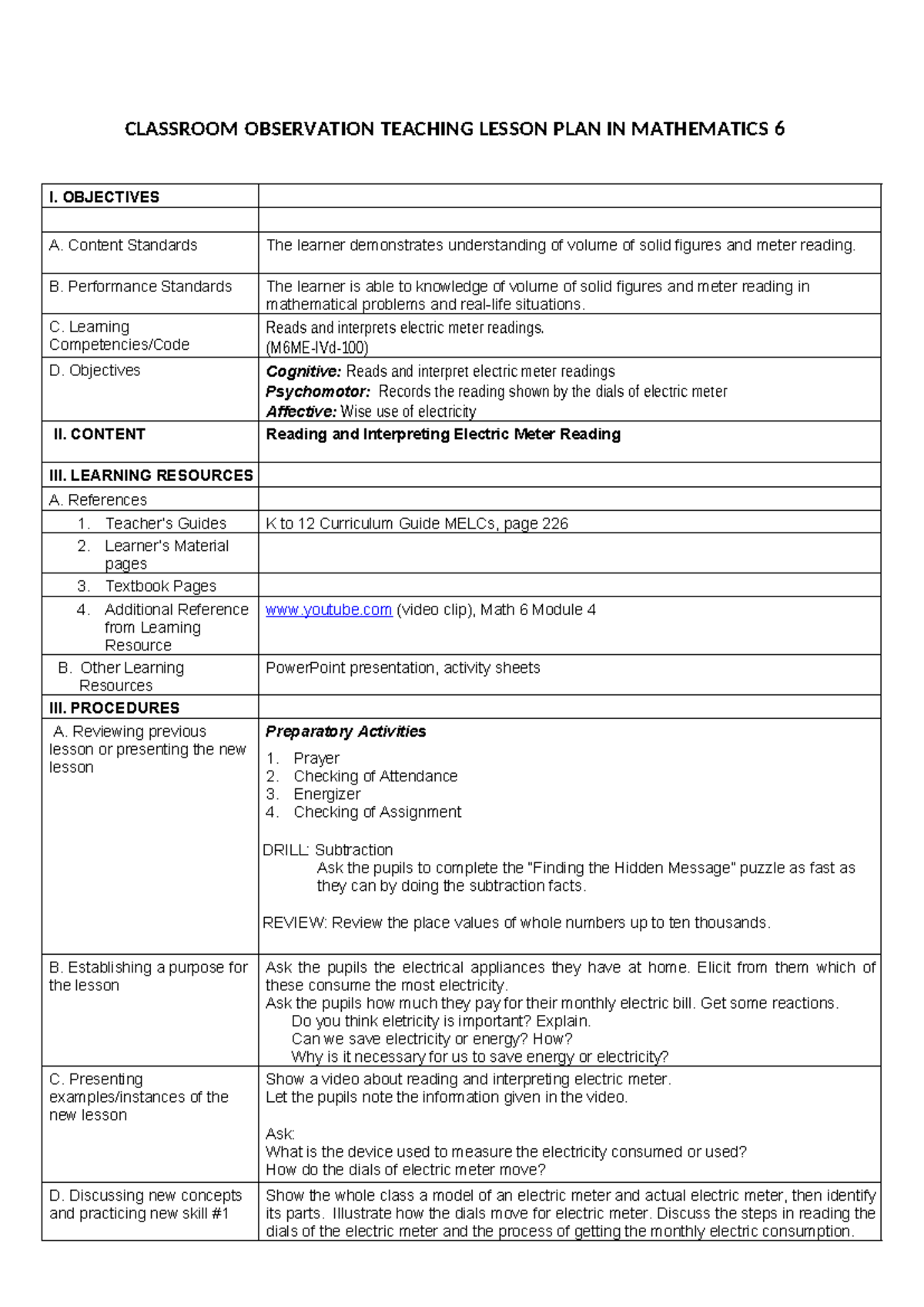 COT DLP Math 6 Q4: Lesson Plan on Electric Meter Reading - Studocu