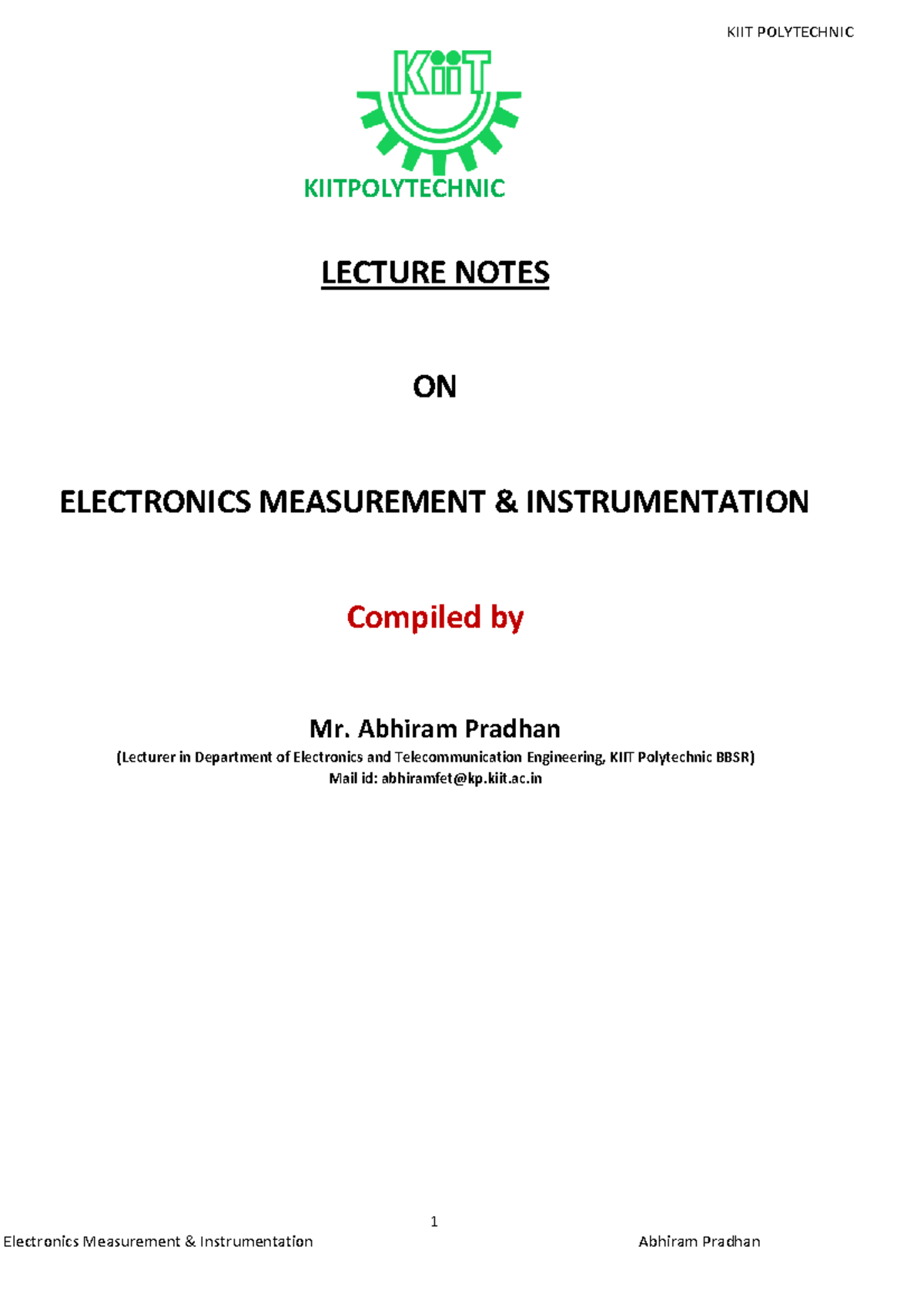 Lecture Notes on Electronics Measurement & Instrumentation (KMT 101 ...