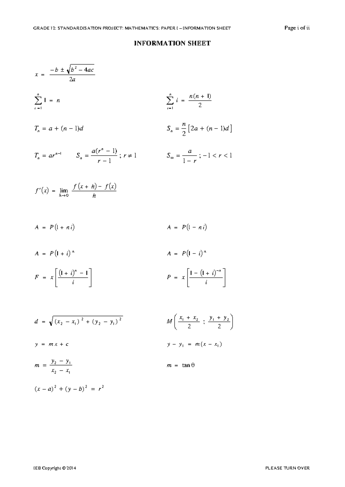 Math IEB Formula Sheet - GRADE 12: STANDARDISATION PROJECT: MATHEMATICS ...