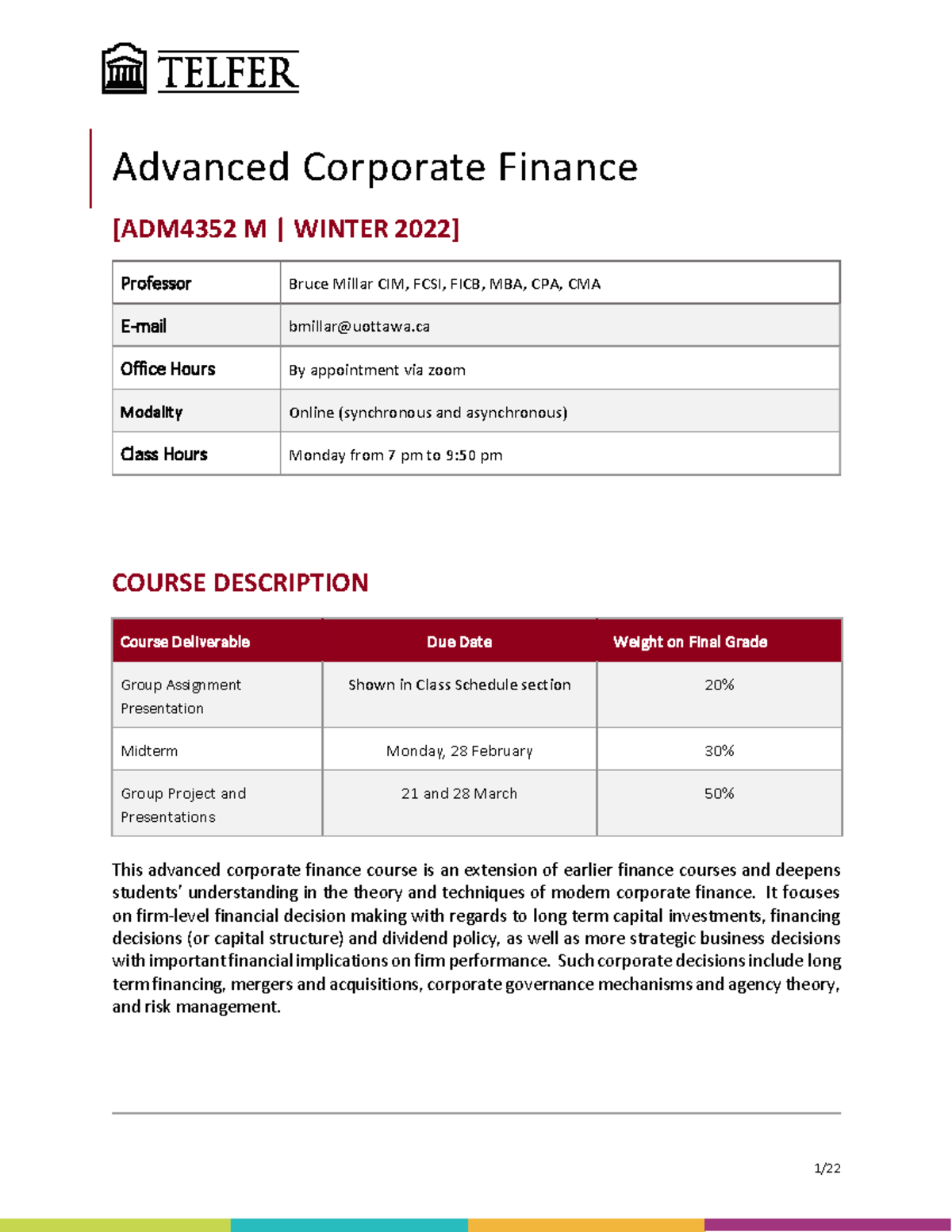 ADM 4352 Advanced Corporate Finance Course Outline (W2022) - Studocu