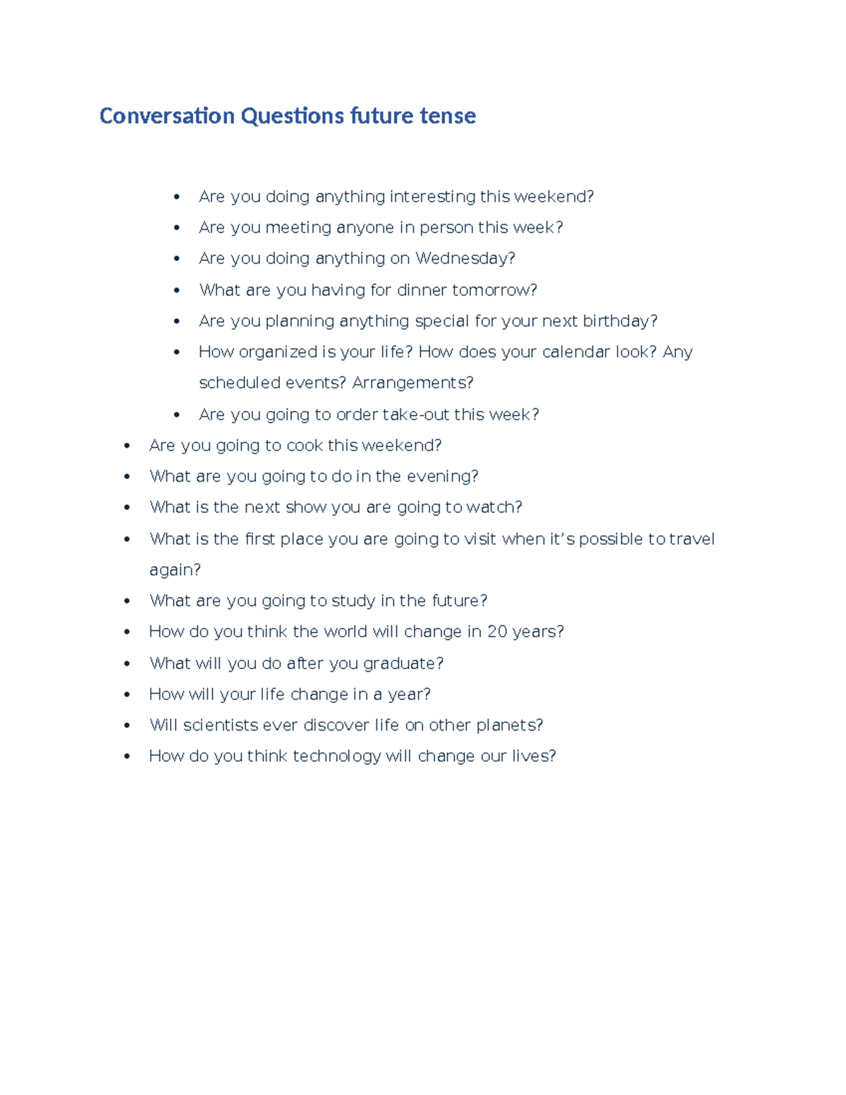 Future Tense Conversation Questions for Practice - Studocu