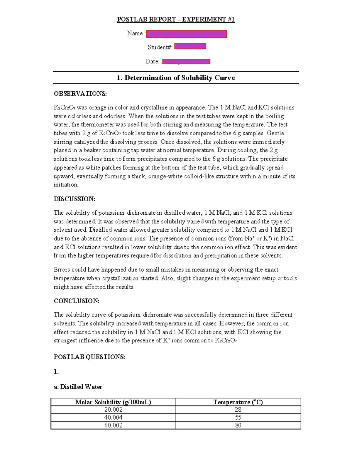 Determination of solubility curve - POSTLAB REPORT – EXPERIMENT Name ...