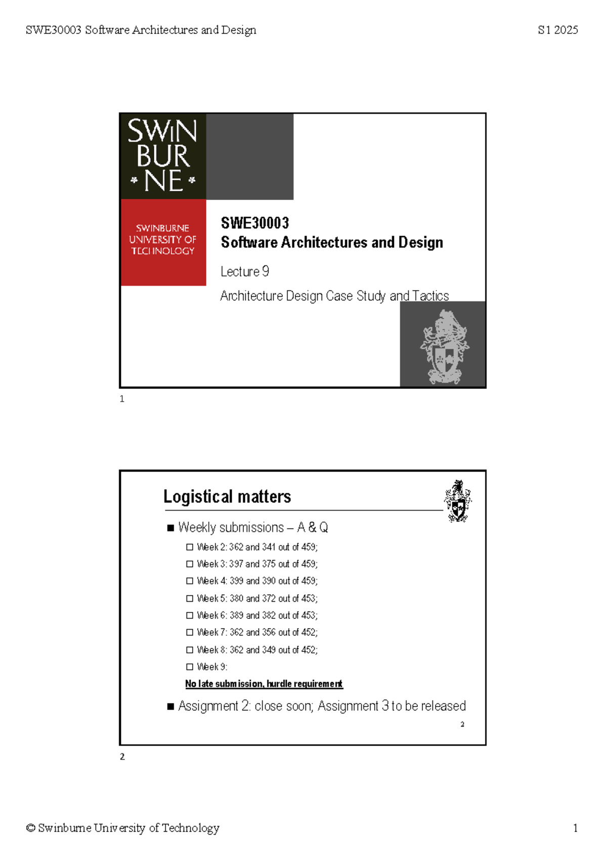 Software Architectures and Design S1 2025 Lecture 9: Architectural ...