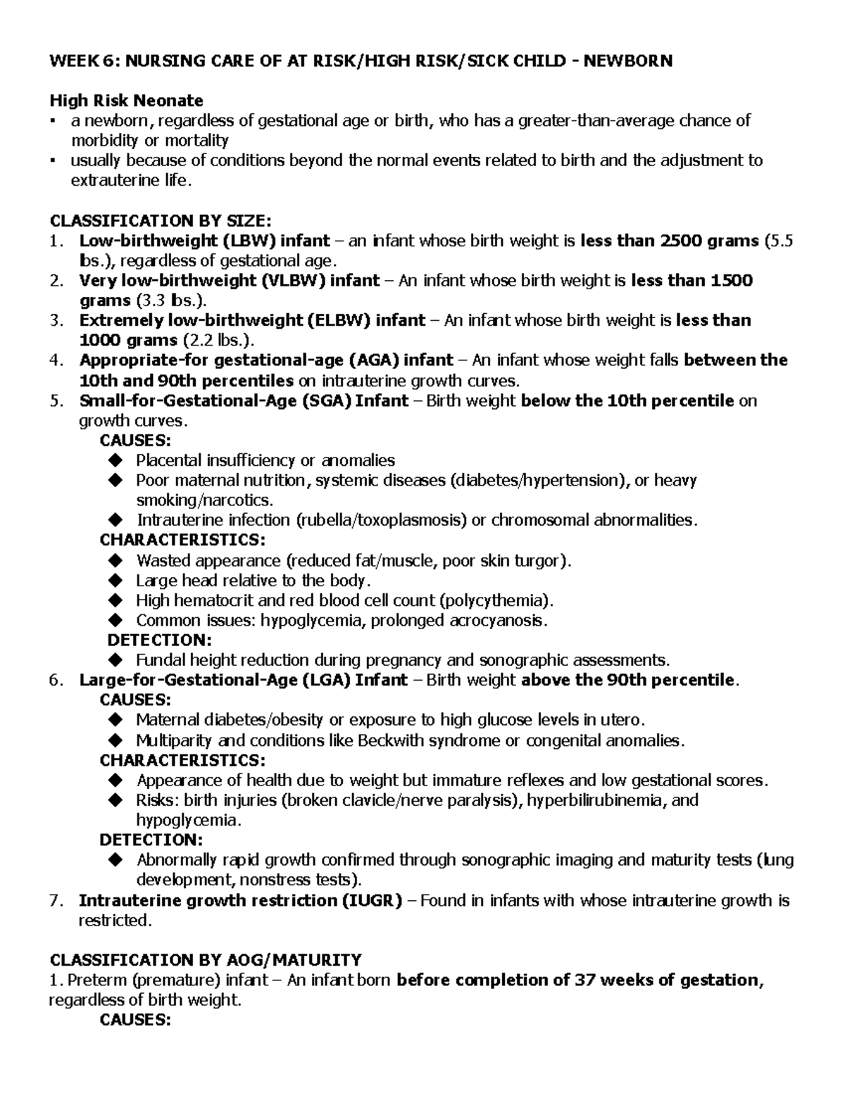 WEEK 6: NURSING CARE OF HIGH RISK NEONATES (NURS 101) - Studocu