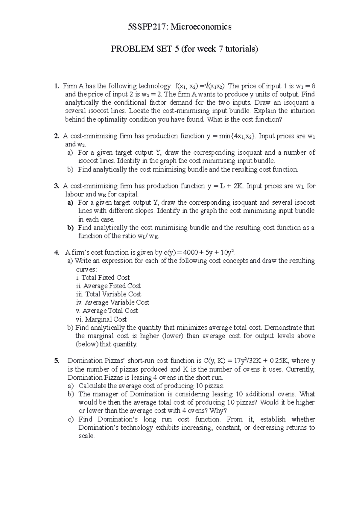 Microeconomics Problem Set 5 - Week 7 Lecture Notes 5SSPP217 - Studocu