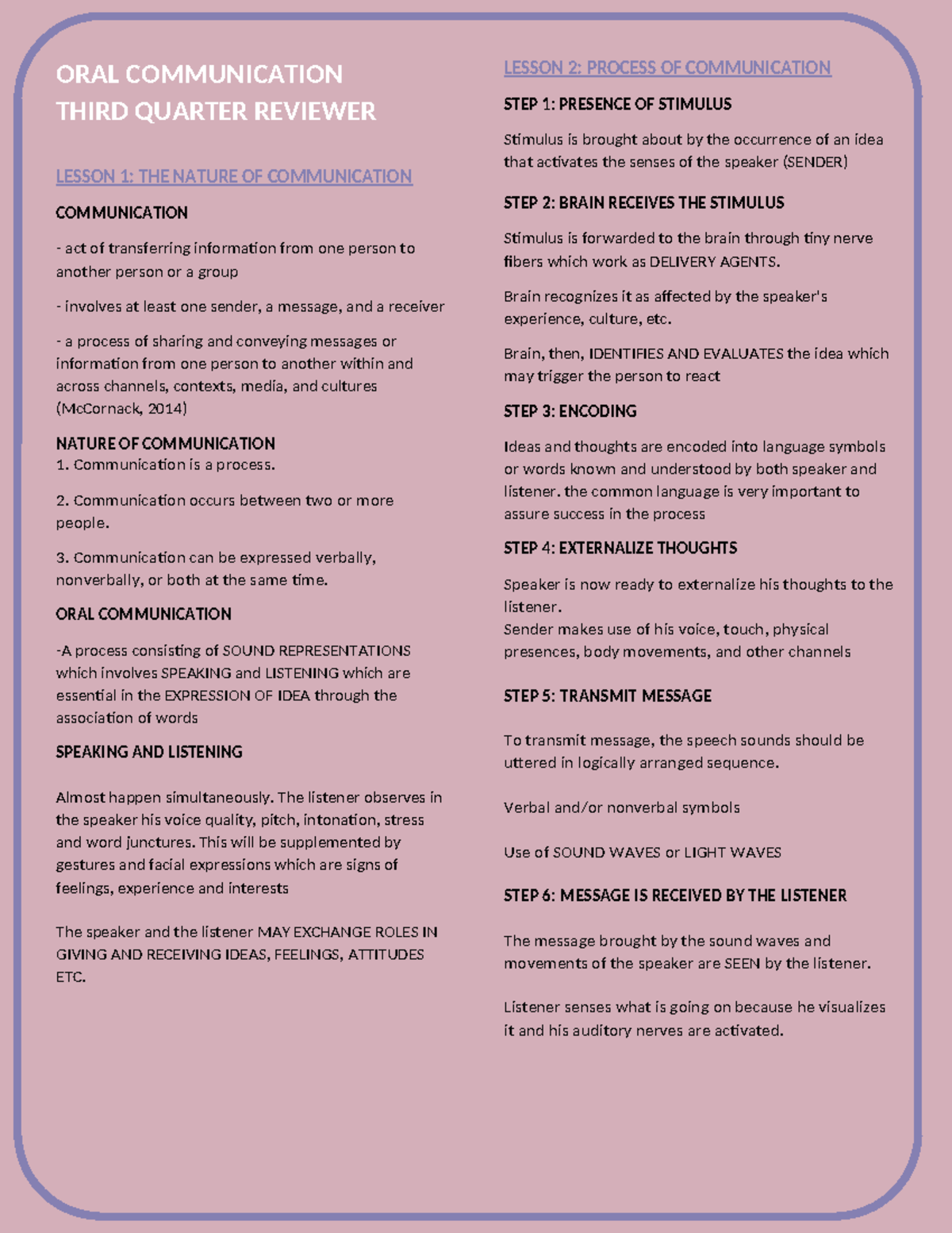 Oral Communication Third Quarter Review: Key Lessons & Insights - Studocu