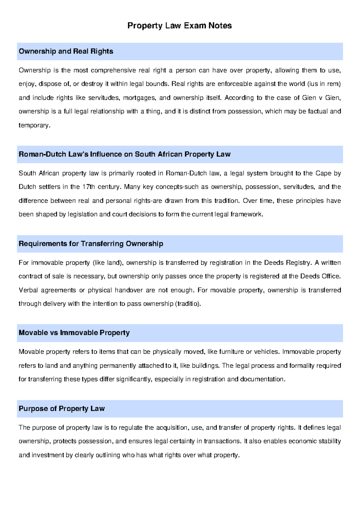 Property Law Exam Notes: Ownership & Real Rights Overview - Studocu