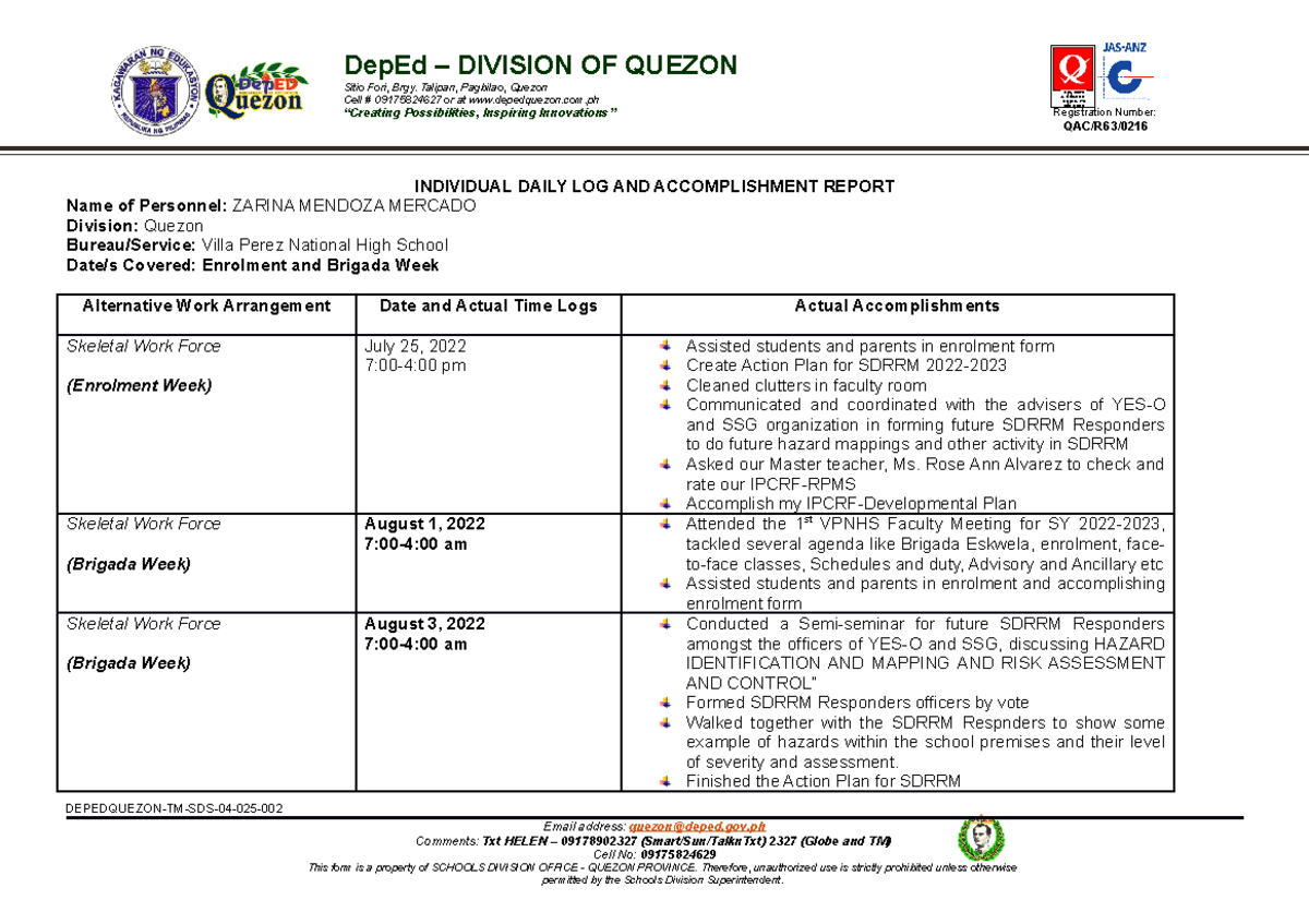 Brigada-idlar-23: Daily Log & Accomplishment Report for 2022 - Studocu