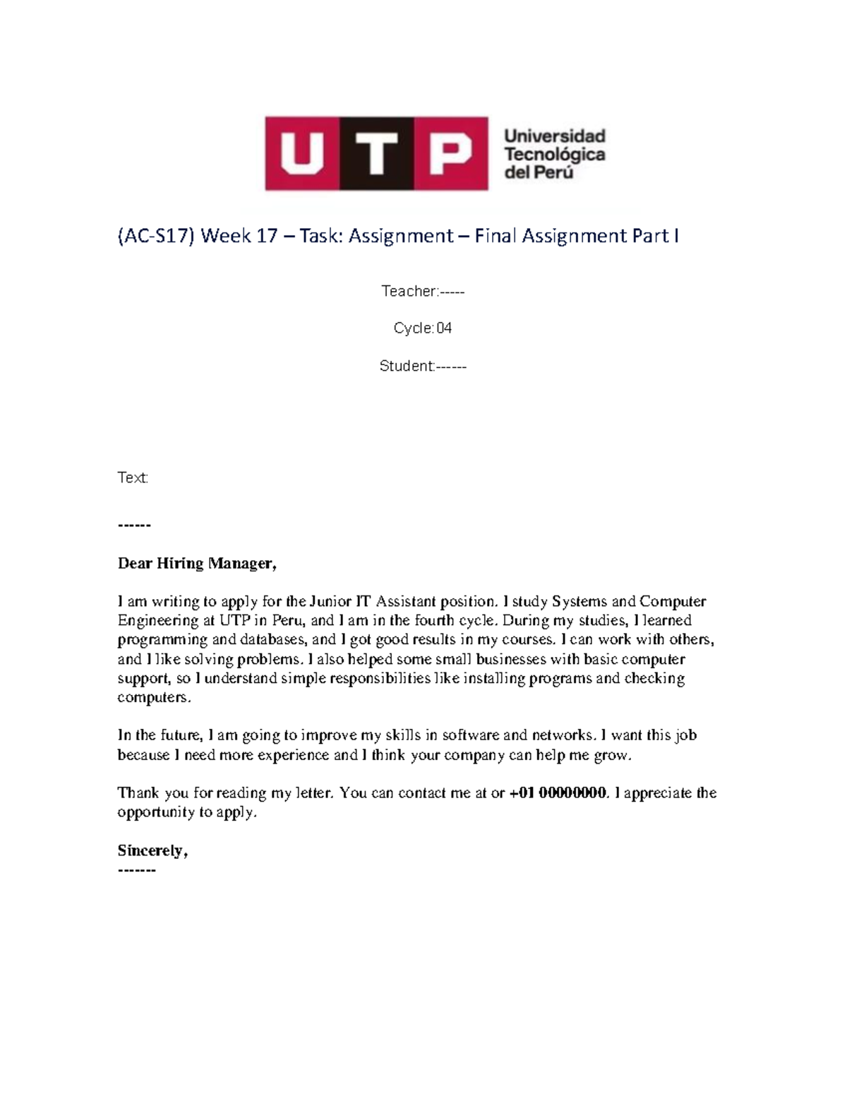 Week 17 Task: Final Assignment for Junior IT Assistant Position - Studocu