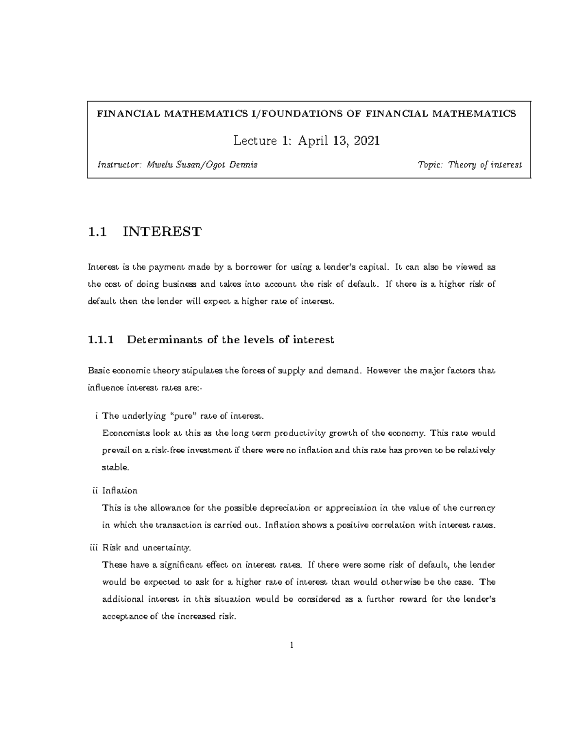 Lecture Notes 1: Financial Mathematics I - Theory of Interest - Studocu