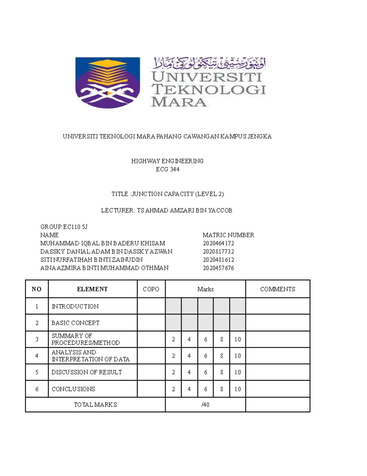 Junction Capacity Analysis Report for EC110 5J - Highway Engineering ...