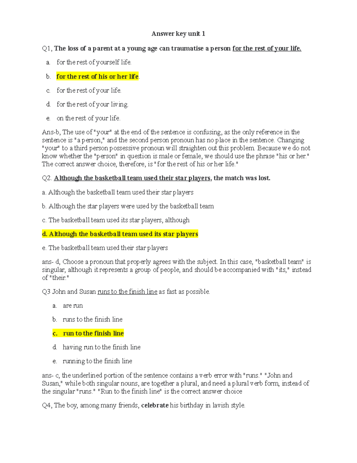 Answer key unit 13 - very easy - Answer key unit 1 Q1, The loss of a ...
