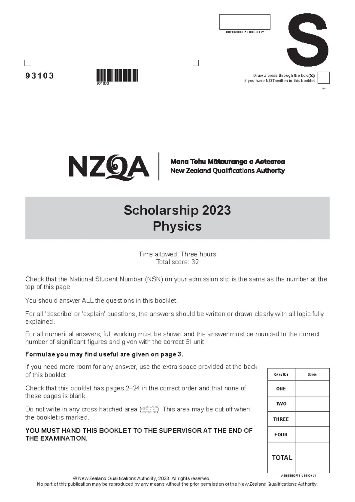 NZQA Scholarship Calculus 2024 - Exam Instructions and Questions - Studocu