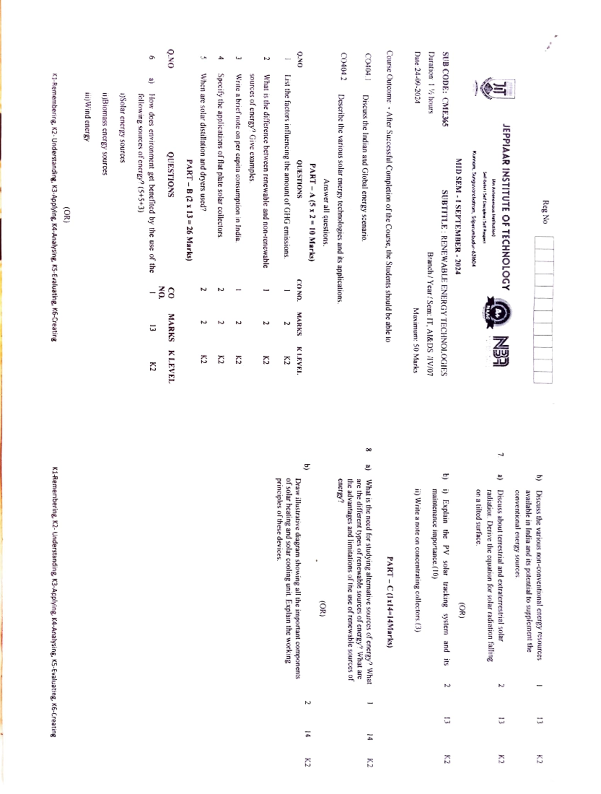 Mid Sem Co404 Question Paper Renewable Energy Technologies Studocu