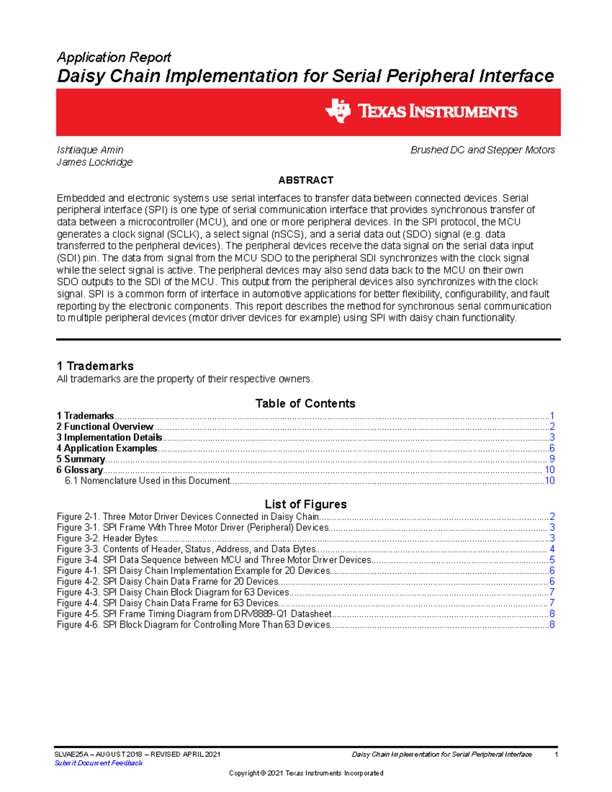 SPI Daisy Chain Implementation for Motor Drivers: Application Report ...