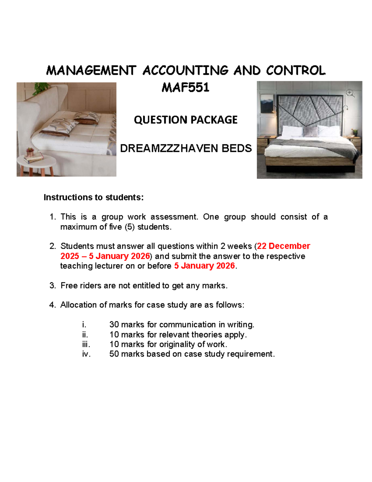 MAF551 - Management Accounting & Control Case Study Question Package ...