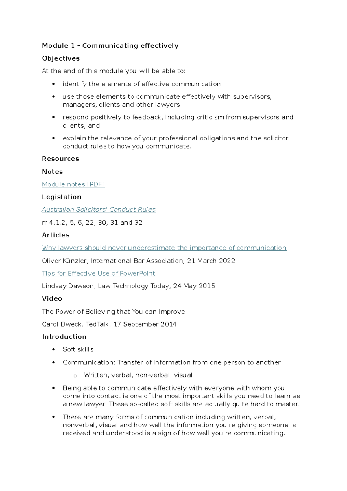 Module 1 - Effective Communication Skills for Lawyers - Studocu