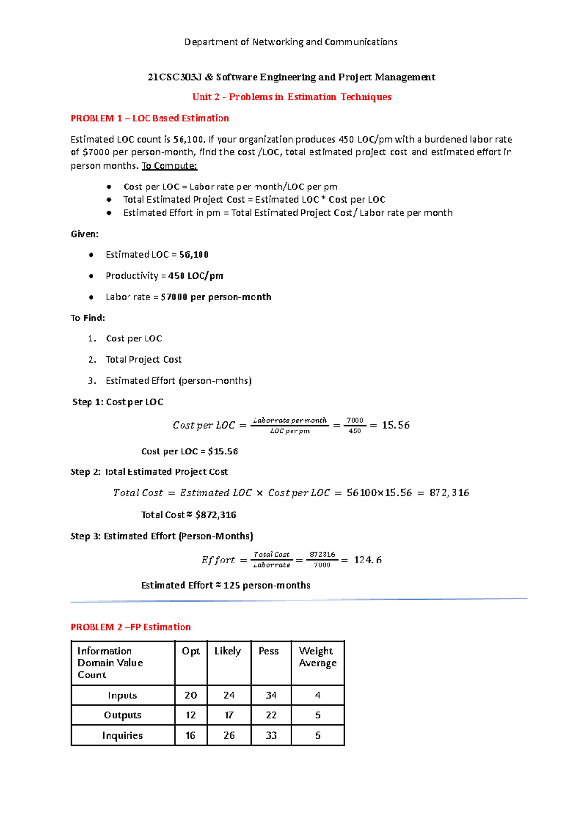 Estimation Problems in Software Engineering 21CSC303J - Unit 2 - Studocu