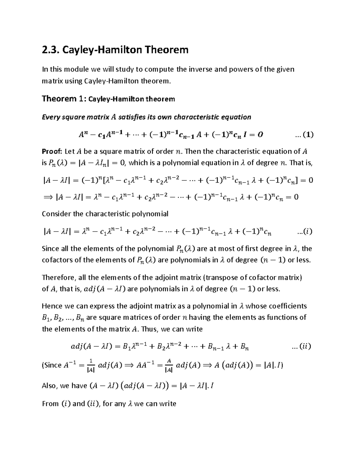 2.3. Cayley-Hamilton Theorem - Matrix Inverses & Powers - Studocu