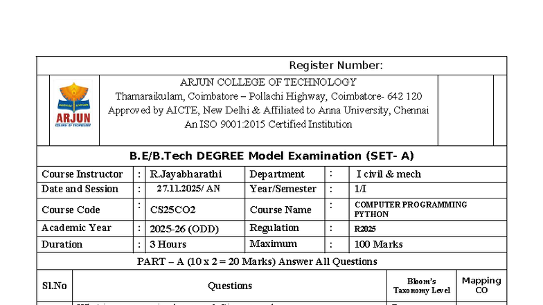 CS25CO2 - Model Exam: Computer Programming in Python (ODD) - Studocu