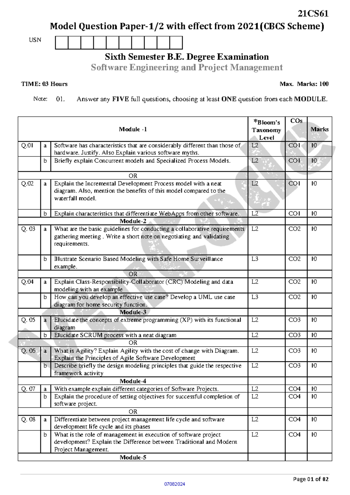 21CS61 Model Question Paper Set 4 - Software Engineering & PM - Studocu