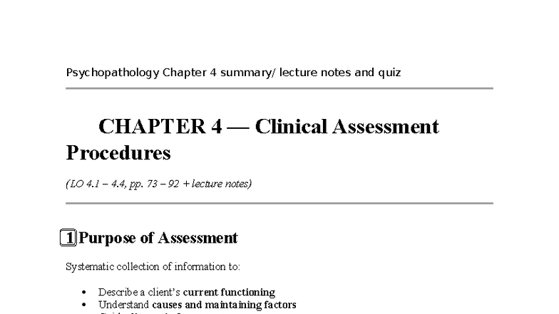 Psychopathology PSY 101 Chapter 4 Summary: Clinical Assessment ...