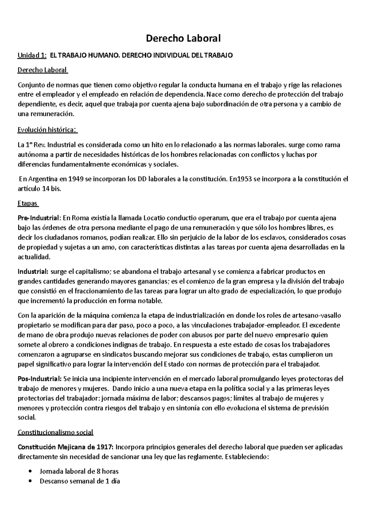 Derecho laboral Primer parcial - Derecho Laboral Unidad 1: EL TRABAJO ...