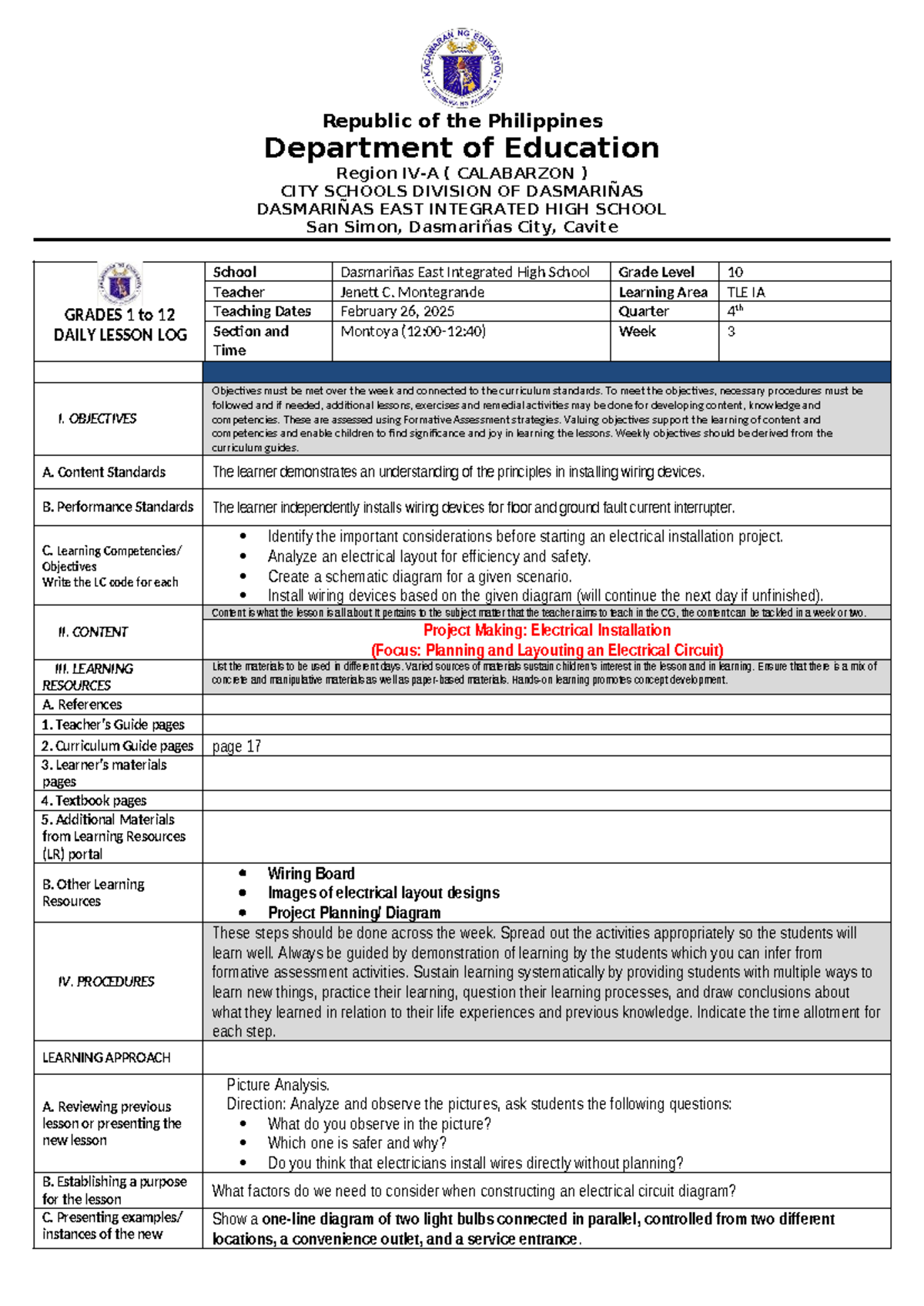 DLL-DLP-COT-ONLY - Daily Lesson Log for TLE IA Grade 10 - Studocu