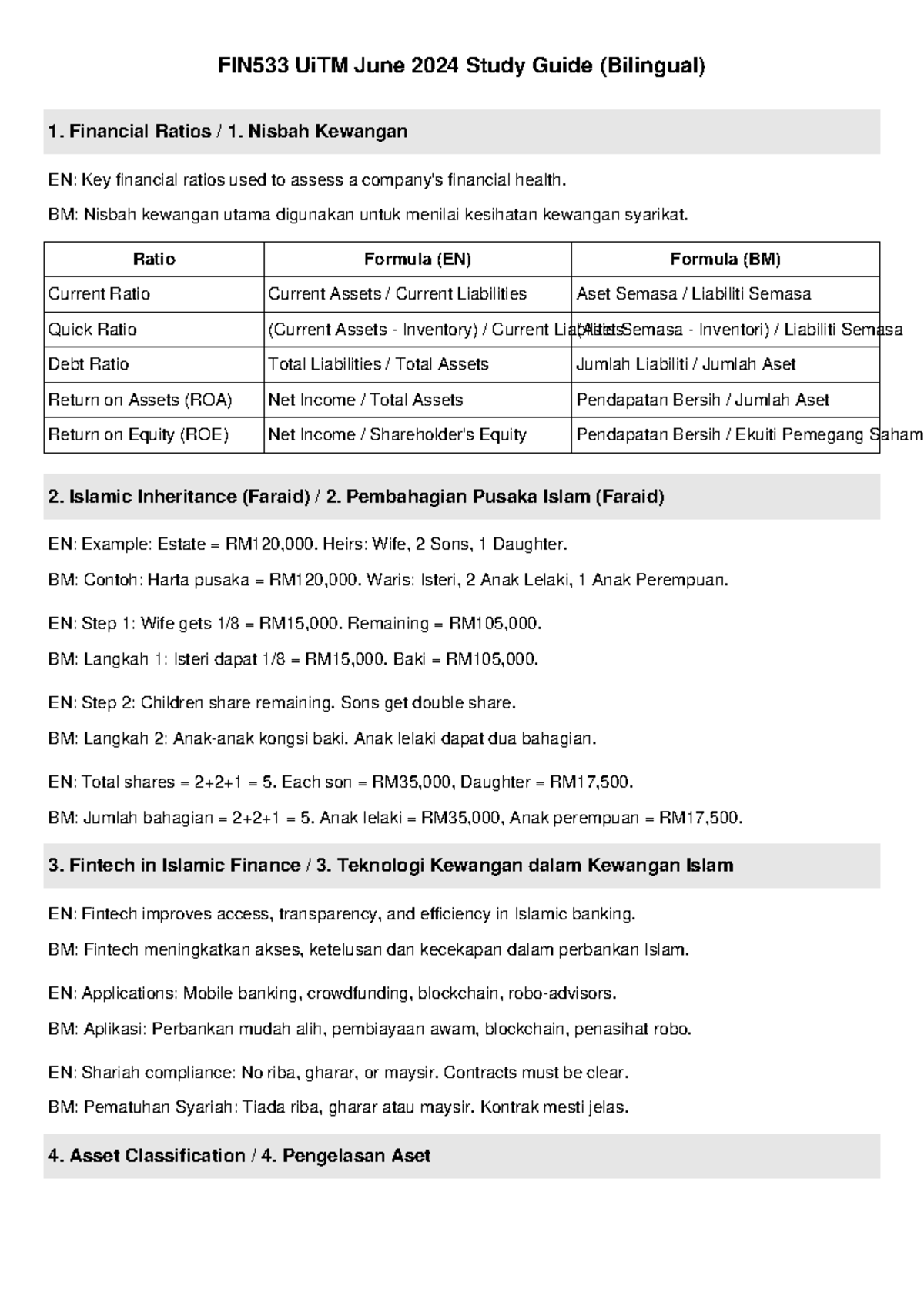 FIN533 June 2024 Bilingual Study Guide: Financial Ratios & Islamic ...