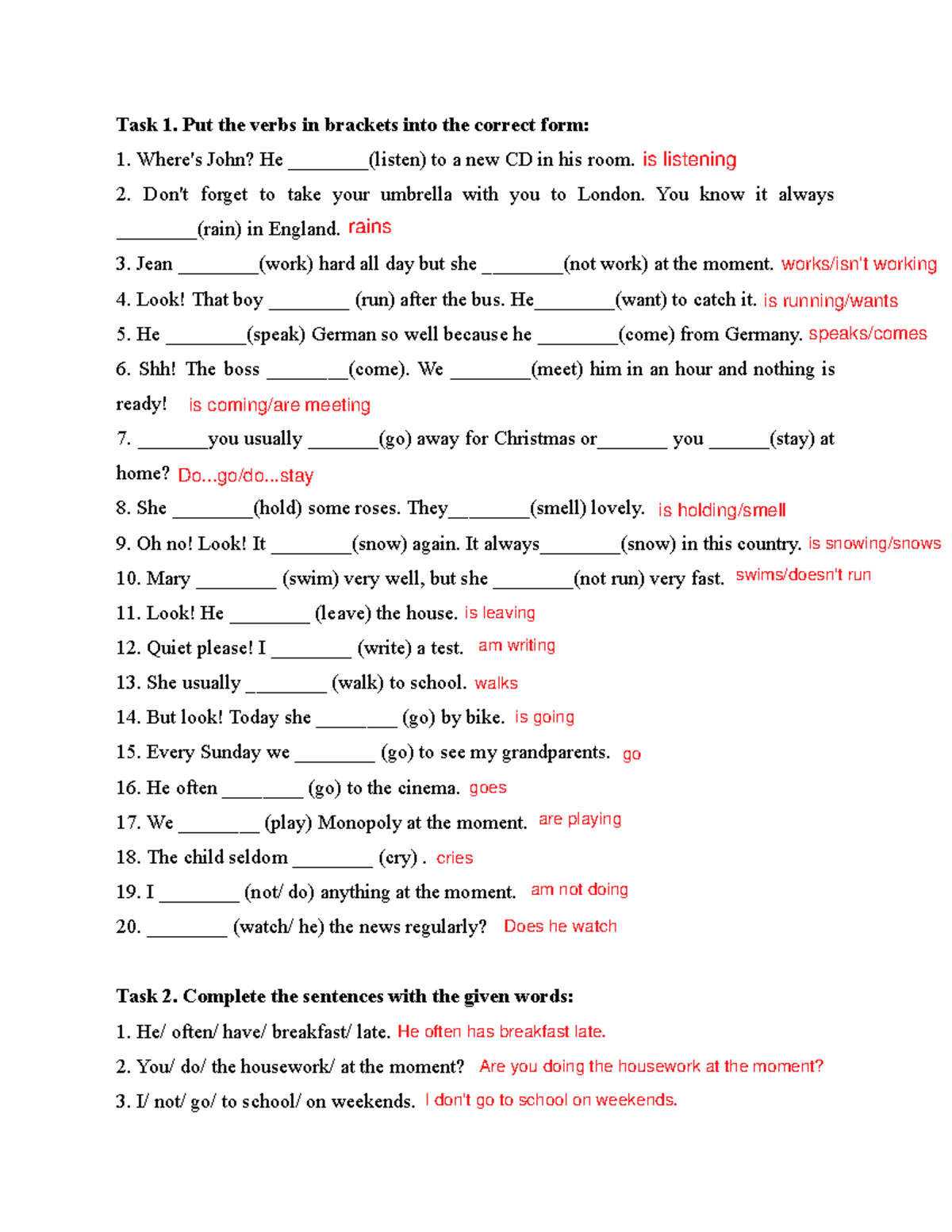 Grammar - Present Simple vs Present Continuous - Task 1. Put the verbs ...