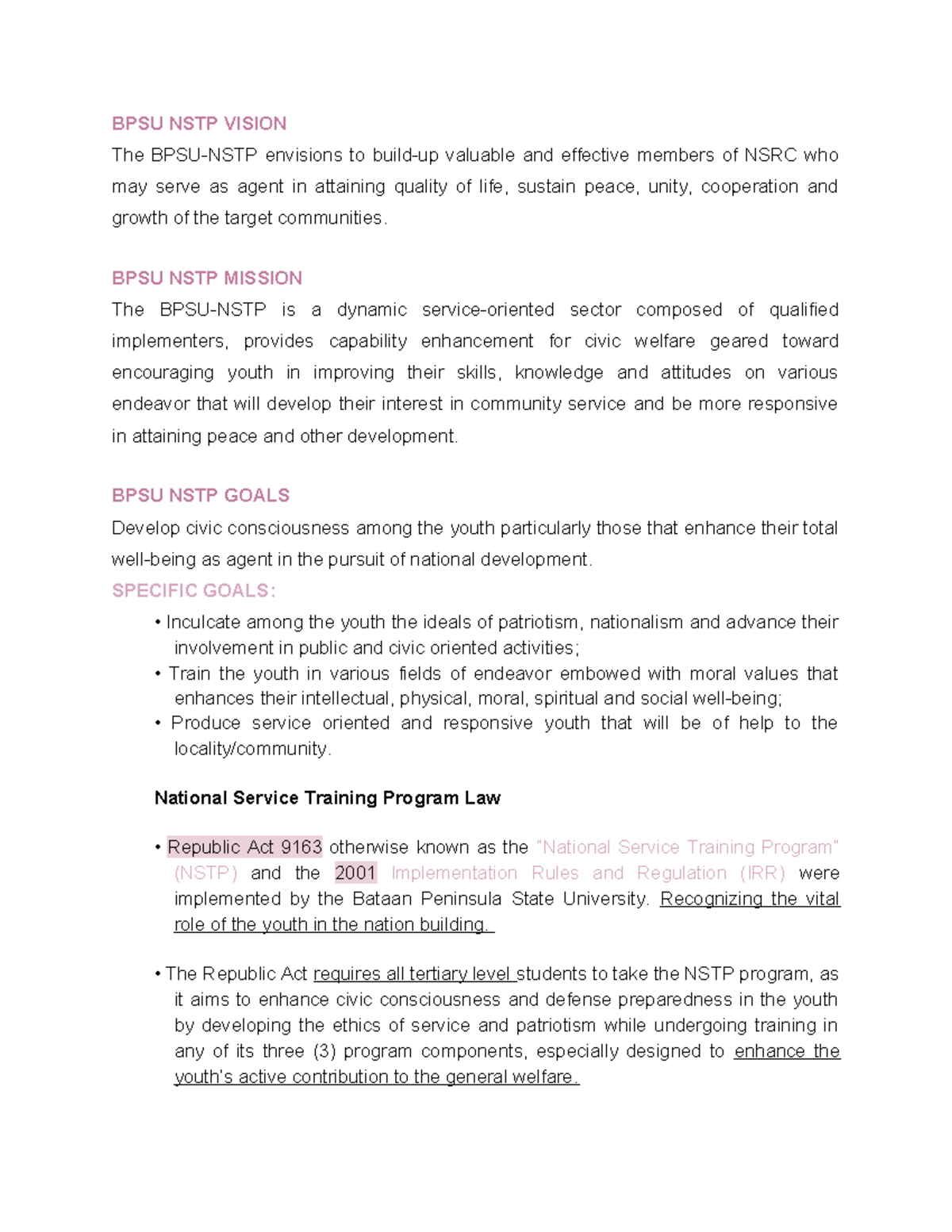 NSTP- Reviewer - 123456 - BPSU NSTP VISION The BPSU-NSTP envisions to ...