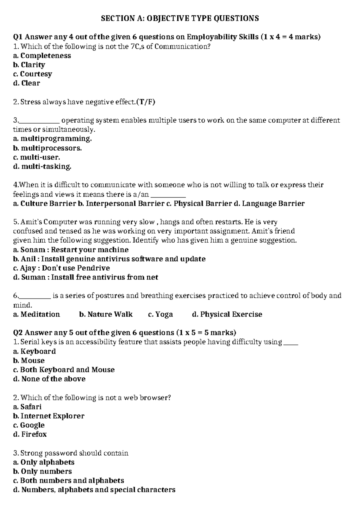 X IT Revision SQP 1 - Employability Skills Sample Question Paper - Studocu